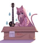  1girl absurdres animal_ears blue_eyes bocchi_the_rock! box cat_ears cat_girl cat_tail cube_hair_ornament electric_guitar gotou_hitori guitar hair_between_eyes hair_ornament highres instrument jacket kemonomimi_mode long_hair looking_at_viewer ojyomu pink_hair pink_jacket simple_background sitting solo tail track_jacket translation_request white_background 