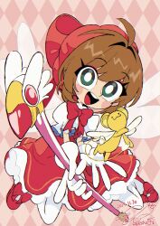  1girl :3 ahoge argyle_background belt blue_belt blush bow bowtie brown_hair cardcaptor_sakura closed_mouth commentary_request dated floating_hair flying frilled_skirt frills fuuin_no_tsue gloves green_eyes hair_bow hair_intakes highres holding holding_wand kero_(cardcaptor_sakura) kinomoto_sakura kinomoto_sakura_(magician) leggings looking_at_viewer mori_no_ji open_mouth outstretched_hand pink_background puffy_short_sleeves puffy_sleeves red_bow red_bowtie red_shoes red_skirt shirt shoes short_hair short_sleeves signature skirt smile teeth upper_teeth_only wand white_gloves white_leggings white_shirt white_wings wings yellow_fur 