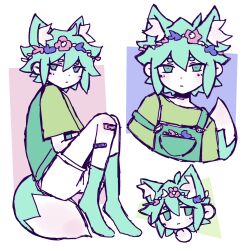  1boy 404deus :| ahoge androgynous animal_ear_fluff animal_ears aqua_socks aqua_tail arms_at_sides bandaid bandaid_on_knee bandaid_on_leg bare_arms bare_legs basil_(headspace)_(omori) basil_(omori) blush border chibi chibi_inset child closed_mouth colored_skin commentary cropped_torso dot_nose double-parted_bangs english_commentary expressionless flipped_hair flower flower_wreath fox_boy fox_ears fox_tail full_body green_background green_eyes green_overalls green_shirt hair_between_eyes head_wreath highres kemonomimi_mode kneehighs knees_together_feet_apart knees_up light_blush male_focus multiple_views no_shoes omori outside_border overalls pink_background pink_flower purple_background purple_flower shirt short_hair short_sleeves shorts sidelocks simple_background sitting socks strap_slip t-shirt tail two-tone_tail white_border white_shorts white_skin white_tail 