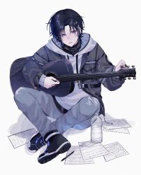  10_io 1boy black_hair black_jacket black_nails black_shirt black_shoes bottle full_body grey_pants guitar hair_ornament hairclip hashtag-only_commentary highres holding holding_guitar holding_instrument holostars hood hoodie indian_style instrument jacket jacket_over_hoodie jewelry kanade_izuru kanade_izuru_(8th_costume) lightning_bolt_hair_ornament lightning_bolt_symbol male_focus nail_polish necklace official_alternate_costume pants paper parted_bangs sheet_music shirt shoes simple_background sitting solo torn_clothes torn_pants virtual_youtuber water_bottle white_background white_hoodie 