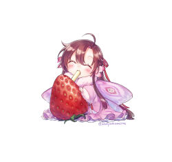  1boy ^_^ ahoge alternate_costume alternate_universe androgynous antennae arthropod_boy blush brown_hair chibi chibi_only cloak closed_eyes commentary_request crossdressing crossdressing_(mtf) dress drink drinking_straw drinking_straw_in_mouth eating facing_viewer fairy fairy_wings flower food frilled_dress frills fruit full_body fur-trimmed_cloak fur_trim hair_between_eyes hair_down hair_ribbon half_updo highres holding holding_food holding_fruit insect_wings long_hair long_sleeves mini_person miniboy miu_vocalo modao_zushi moth_antennae moth_boy moth_wings official_alternate_hairstyle pink_cloak pink_dress red_ribbon ribbon sidelocks simple_background sitting solo strawberry twitter_username very_long_hair wei_wuxian wei_wuxian_(yiling_laozu) white_background wide_sleeves wings 