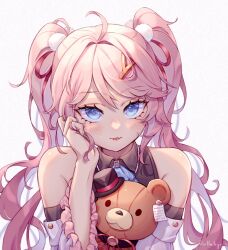  1girl ahoge artist_name ascot bare_shoulders black_dress blue_ascot blue_eyes blush commentary detached_sleeves dress eiyuu_densetsu frilled_sleeves frills hair_ornament hair_ribbon hairclip hajimari_no_kiseki hand_up head_on_hand holding holding_stuffed_toy lacieon long_sleeves nadia_rayne parted_lips pink_hair portrait red_ribbon ribbon signature simple_background smile solo straight-on stuffed_animal stuffed_toy teddy_bear twintails watermark white_background white_sleeves 