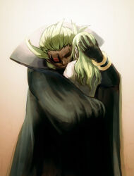  2boys age_progression aged_down black_cloak black_gloves blonde_hair brown_background cloak closed_eyes commentary cowboy_shot dappled_sunlight ghetsis_(pokemon) gloves gradient_background hair_slicked_back hand_in_another's_hair hand_on_another's_back hand_on_another's_head heads_together high_collar hug kurobis leaning_forward leaning_on_person multiple_boys pokemon pokemon_bw2 scouter shirt sunlight white_shirt 