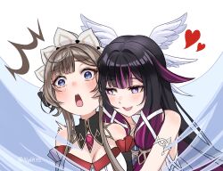  2girls :o ^^^ bare_shoulders black_collar black_hair black_sleeves blue_eyes blush bonnet bow bowtie breasts brown_hair collar columbina_(genshin_impact) detached_collar detached_sleeves dress genshin_impact hair_flaps hair_ornament hair_ribbon hashtag-only_commentary head_wings headdress heart highres hug hug_from_behind long_hair long_sidelocks long_sleeves multicolored_hair multiple_girls multiple_wings nq6k95 open_mouth purple_hair purple_streaks ribbon sandrone_(genshin_impact) short_hair short_hair_with_long_locks sidelocks simple_background smile streaked_hair surprise_hug surprised trembling two-tone_hair unusually_open_eyes very_long_hair violet_eyes white_background white_dress white_headdress white_wings wide-eyed wing_hair_ornament wings yuri 