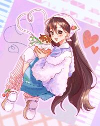  1girl :3 asaoka_born14 bag black_eyes black_hair blush boots brown_boots character_doll commentary_request doll hair_behind_ear handbag headscarf hero_(faraway)_(omori) hero_(omori) jacket long_hair long_sleeves looking_at_viewer mari_(birthday)_(omori) mari_(faraway)_(omori) mari_(omori) official_alternate_costume omori open_mouth smile solo stuffed_toy thigh-highs white_headscarf white_jacket white_thighhighs 