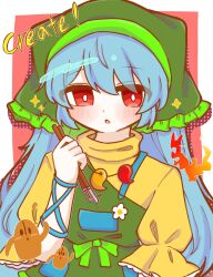  1girl ^_^ anzu_cha709 apron arm_ribbon blue_hair blue_ribbon blush_stickers bow closed_eyes commentary dress dress_bow english_text flower_ornament frilled_sleeves frills green_apron green_bow green_headscarf haniwa_(statue) haniyasushin_keiki headscarf highres holding long_hair looking_at_viewer open_mouth parted_lips red_eyes ribbon short_sleeves single_strap solo sparkle touhou yellow_dress 