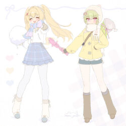  2girls :d ^_^ absurdres alternate_costume beanie blonde_hair blue_skirt blush bow breath brown_socks closed_eyes cold crocodile_hair_ornament facing_viewer floating_hair frilled_skirt frills fringe_trim full_body green_hair hair_between_eyes hair_intakes hair_ornament hair_scrunchie hand_up hat highres holding holding_snowball incoming_attack index_finger_raised jacket kneehighs long_hair long_sleeves looking_at_viewer loose_socks medium_skirt multiple_girls nomura_miki open_mouth pantyhose pink_eyes plaid_clothes plaid_skirt pointing pointing_at_viewer pom_pom_(clothes) ppru scarf scarf_bow scrunchie shirt short_hair side-by-side sidelocks simple_background skirt sleeves_past_wrists smile snowball socks standing striped_clothes striped_scarf summer_pockets teeth tsumugi_wenders twintails upper_teeth_only very_long_hair white_background white_hat white_pantyhose white_scarf white_scrunchie white_shirt white_socks winter_clothes yellow_jacket 