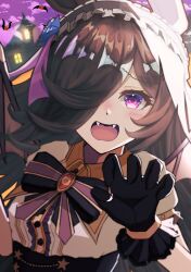  1girl animal_ears bat_(animal) bat_wings black_gloves blue_flower blue_rose blush bow breasts brown_hair claw_pose commentary_request fangs flipped_hair flower frilled_hairband frills gelato1030 gloves hair_over_one_eye hairband halloween_costume highres horse_ears horse_girl long_hair looking_at_viewer official_alternate_costume open_mouth puffy_short_sleeves puffy_sleeves purple_sky purple_wings rice_shower_(umamusume) rice_shower_(vampire_makeover!)_(umamusume) rose shirt short_sleeves sky small_breasts solo umamusume violet_eyes white_shirt wings 