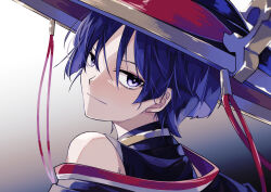  1boy black_bodysuit black_hat black_kimono blunt_ends bodysuit choppy_bangs closed_mouth commentary_request eyelashes from_behind genshin_impact gold hat highres iwoarazumi129 japanese_clothes jewelry jingasa juban kimono looking_at_viewer looking_back male_focus monochrome_background neck_ring purple_hair purple_pupils red_hat red_kimono scaramouche_(genshin_impact) shaft_look single_bare_shoulder single_off_shoulder smile solo tsurime turtleneck turtleneck_bodysuit two-tone_hat violet_eyes white_kimono 