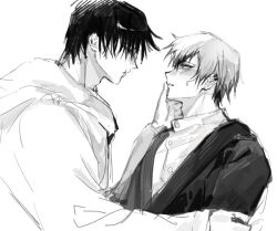  2boys aaii_w9864 adam's_apple black_hair black_kimono blush colored_tips ear_piercing earrings fushiguro_touji greyscale hair_between_eyes hand_on_another's_arm hand_on_another's_face hashtag-only_commentary implied_yaoi jacket japanese_clothes jewelry jujutsu_kaisen kimono long_sleeves looking_at_another male_focus monochrome multicolored_hair multiple_boys multiple_piercings piercing scar scar_on_face scar_on_lip scar_on_mouth shirt shirt_under_kimono short_hair simple_background sweatdrop two-tone_hair white_background zen'in_naoya 