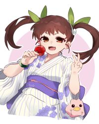  1girl :d absurdres border bracelet breasts brown_eyes brown_hair candy_apple commentary cropped_legs eyelashes fang floral_print floral_print_kimono food green_ribbon hachikuji_mayoi hair_ribbon hairband hands_up highres holding holding_food japanese_clothes jewelry kimono kinchaku long_sleeves looking_at_viewer monogatari_(series) obi obijime open_mouth outline outside_border pink_background pouch print_kimono purple_kimono purple_sash ribbon sash skin_fang small_breasts smile solo standing striped_clothes striped_kimono tsugumi_(tgm_615486) twintails two-tone_kimono v vertical-striped_clothes vertical-striped_kimono white_border white_hairband white_kimono white_outline wide_sleeves yukata 
