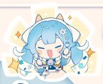 1girl beamed_eighth_notes bell blue_bow blue_bowtie blue_hair blush_stickers bow bowtie capelet cheese chibi closed_eyes commentary cowbell curvy_hair dual_wielding earmuffs facing_viewer fake_horns food fork fur-trimmed_capelet fur_trim hair_ornament hands_up hatsune_miku holding horns ice_cream_cone inomo_(qimoshu) long_hair musical_note musical_note_hair_ornament neck_bell no_gloves notice_lines omake open_mouth smile snowflake_print snowflakes solo sparkle spoon sprinkles sunburst swiss_cheese thank_you twintails very_long_hair vocaloid waffle_cone white_hair white_headdress yellow_background yellow_capelet yuki_miku