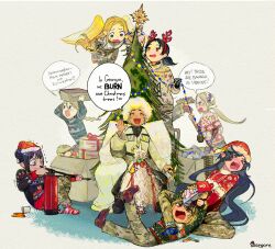  anger_vein blonde_hair blue_eyes blue_hair broom brown_eyes bullet cake camouflage camouflage_pants candy chokha christmas christmas_cake christmas_lights christmas_ornaments christmas_sweater christmas_tree commentary earrings english_commentary eva_(kavunyak) explosive fang fire_extinguisher fireworks food freckles fumo_(doll) georgian_clothes gingerbread_house green_eyes grenade hair_bun hanna_kovalchuk headscarf highres holding holding_broom holding_fire_extinguisher jewelry kraken_(japanon) long_hair marichka multiple_girls nervous nervous_sweating nika_(usergore) olena_bozhuk open_mouth orange_eyes original pants polish_text prosthesis prosthetic_arm sharp_teeth short_hair skin_fang smile socks sweat teeth usergore white_hair woodland_camouflage 