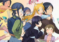  1boy 6+girls aragaki_ayase backpack bag black_eyes black_hair black_hairband black_shirt black_skirt blonde_hair blue_bag blue_eyes blue_pants blue_shirt blue_skirt blunt_bangs book boots brown_hair camisole clenched_teeth closed_mouth clothes_grab coke-bottle_glasses crazy_smile end_card flower_hairband glasses gokou_ruri gothic_lolita grabbing_another's_shirt green_sweater grey_jacket grey_vest hairband hand_on_own_hip harem headband heart heart_in_mouth hetero holding holding_wand hug hug_from_behind jacket kemonomimi_mode kousaka_kirino kousaka_kyousuke lolita_fashion long_hair low_twintails magical_girl makishima_saori meruru_(oreimo) multiple_girls o_o official_art one_eye_closed open_clothes open_jacket open_mouth ore_no_imouto_ga_konna_ni_kawaii_wake_ga_nai orion_(orionproject) pants pink_boots pink_hair pink_shirt ponytail ria_hagry round_eyewear shirt short_hair short_twintails skirt smile sweater tamura_manami tan teeth twintails vest wand white_shirt yellow_camisole yellow_headband 