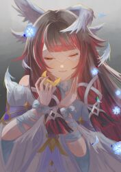  1girl arm_ribbon black_hair bow closed_eyes columbina_(genshin_impact) commentary_request dress eye_mask facing_viewer genshin_impact hair_intakes head_wings highres iragashi_m_m long_hair mask multicolored_hair parted_lips red_hair ribbon smile solo two-tone_hair upper_body white_bow white_dress white_wings wings wrist_bow 