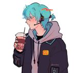  1boy aqua_hair aqua_nails black_jacket blush bubble_tea commentary cup disposable_cup drawstring drinking_straw english_commentary genderswap genderswap_(ftm) grey_hoodie hatsune_miku headset highres holding holding_cup hood hood_down hoodie jacket kaogens long_sleeves male_focus open_clothes open_jacket parted_lips ponytail short_hair short_ponytail simple_background solo upper_body vocaloid white_background 