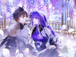  1boy 1girl alternate_costume alternate_universe armor blue_sky blunt_bangs blurry braid brown_hair cherry_blossoms chinese_armor chinese_clothes chinese_commentary closed_mouth commentary_request couple depth_of_field dress falling_petals feizhoudaqiuzhangperper flower from_side fur_trim genshin_impact hair_ornament hand_on_another's_chest hetero highres leaning_forward light_smile long_braid looking_at_another off_shoulder orange_eyes outdoors petals purple_hair raiden_shogun shade single_braid sitting sky suit violet_eyes wisteria zhongli_(genshin_impact) 