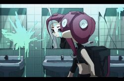  1girl agent_8_(splatoon) backpack bag black_bag closed_mouth crack crop_top highres indoors ink looking_at_mirror mirror octoling oka_kabe paint red_eyes red_hair reflection sink splatoon_(series) splatoon_2 splatoon_2:_octo_expansion 