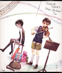  2boys arm_support black_eyes black_hair black_shoes black_shorts black_sweater_vest black_thighhighs bow_(music) box brown_shorts character_name closed_eyes closed_mouth collared_shirt colored_skin commentary_request dated dual_persona gift gift_box happy_birthday highres holding holding_bow_(music) holding_instrument holding_violin instrument letterboxed mewo multiple_boys music_stand musical_note musical_staff myohn omori omori_(omori) shirt shoes short_sleeves shorts sitting smile socks stool striped_clothes striped_shorts sunny_(omori) sweater_vest thigh-highs vertical-striped_clothes vertical-striped_shorts violin white_shirt white_shorts white_skin white_socks 