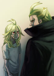  2boys age_progression aged_down angry arms_at_sides black_cloak blonde_hair clenched_hands cloak commentary covered_mouth dappled_sunlight dirty dirty_clothes dirty_face facing_another ghetsis_(pokemon) gradient_background grey_pants hair_between_eyes hair_slicked_back high_collar injury kurobis looking_at_another male_focus multiple_boys pants partially_shaded_face pokemon pokemon_bw2 red_eyes shirt sunlight torn_clothes torn_shirt white_shirt 