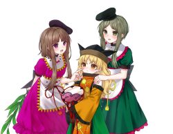  3girls aged_down apron black_hat blonde_hair blush brown_hair cheek_poking child constellation_print detached_sleeves dress drum green_dress green_eyes green_hair green_skirt hat highres holding holding_plant instrument long_hair matara_okina mochigumo multiple_girls myouga_(plant) nishida_satono open_mouth orange_sleeves orange_tabard pink_dress plant poking puffy_short_sleeves puffy_sleeves short_hair_with_long_locks short_sleeves skirt smile tabard tate_eboshi teireida_mai textless_version touhou tsuzumi violet_eyes waist_apron wide_sleeves yellow_eyes 