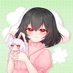  2girls :3 animal_ears artist_request black_hair blush carrot_necklace chibi closed_mouth commentary_request dotted_background dress frilled_sleeves frills green_background hands_up heart highres holding_chibi inaba_tewi jewelry long_hair looking_at_viewer multiple_girls necklace outline pink_dress puffy_short_sleeves puffy_sleeves purple_hair rabbit_ears red_eyes reisen_udongein_inaba short_hair short_sleeves touhou upper_body white_outline 