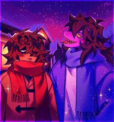  1girl 1other absurdres ahoge alternate_costume antenna_hair artist_name blush_stickers brown_hair cardigan closed_mouth coat colored_sclera colored_teeth commentary deltarune english_commentary freckles furry furry_female highres kris_(deltarune) long_hair long_sleeves mihych mole mole_under_mouth open_cardigan open_clothes purple_cardigan purple_scarf red_coat red_eyes red_scarf scarf sharp_teeth shirt short_hair single_blush_sticker snowing susie_(deltarune) teeth tongue tongue_out utdr_(toby_fox) white_shirt yellow_sclera yellow_teeth 