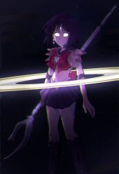  1girl back_bow bishoujo_senshi_sailor_moon black_hair blunt_ends boots bow bowtie choker circlet hashtag-only_commentary highres holding holding_polearm holding_weapon miniskirt moqdtatyf097192 no_mouth polearm purple_choker purple_skirt red_bow red_bowtie sailor_saturn silence_glaive skirt solo weapon white_eyes 