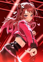  1girl black_shirt black_skirt blue_eyes blurry blurry_background blush braid brown_hair commentary cowboy_shot dancing depth_of_field double_bun earrings fighting_my_way_(idolmaster) gakuen_idolmaster grin hair_bun hair_ribbon hanami_saki highres idolmaster jacket jewelry katakuriko0035 long_hair looking_at_viewer midriff pointing red_jacket ribbon shirt single_braid skirt smile solo stage stage_lights sweat wavy_hair 