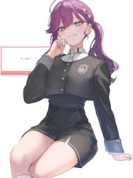  1girl ahoge black_skirt blue_eyes collared_shirt commentary feet_out_of_frame gakuen_idolmaster high-waist_skirt highres idolmaster kaya_rinha long_hair long_sleeves looking_at_viewer marshmallow_(site) marulire miniskirt pantyhose purple_hair shirt sidelocks skirt smile smug socks solo swept_bangs twintails white_shirt white_socks 