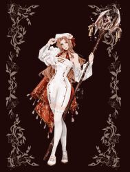  1girl absurdres adjusting_clothes adjusting_headwear aerith_gainsborough artist_name beret boots breasts brown_background brown_hair buttons closed_mouth detached_sleeves double-breasted dress final_fantasy final_fantasy_vii final_fantasy_vii:_ever_crisis flower full_body green_eyes hair_ribbon halter_dress halterneck hat highres holding holding_staff light_smile lily_(flower) long_hair long_sleeves looking_at_viewer medium_breasts official_alternate_costume parted_bangs puffy_long_sleeves puffy_sleeves red_ribbon ribbon shanlieart short_dress sidelocks single_bare_shoulder solo staff thigh_boots wavy_hair white_boots white_dress white_fur white_hat white_sleeves zettai_ryouiki 