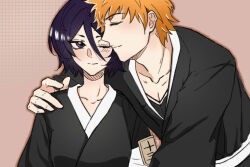  1boy 1girl arm_around_shoulder badge black_eyes black_hair bleach commentary cuddling english_commentary fukutaichou_badge hair_between_eyes hetero japanese_clothes kuchiki_rukia kurosaki_ichigo one_eye_closed orange_hair shihakusho silegesi 