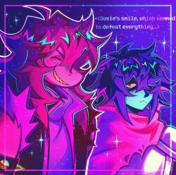  1girl 1other absurdres ahoge androgynous black_hair black_vest blue_skin cape closed_eyes colored_skin colored_teeth commentary cuirass deltarune english_commentary english_text freckles furry furry_female hair_over_one_eye highres kris_(dark_world)_(deltarune) kris_(deltarune) long_hair looking_at_viewer messy_hair mihych mole mole_under_mouth open_clothes open_mouth open_vest parted_lips purple_hair purple_skin red_cape red_eyes shaded_face sharp_teeth short_hair sidelocks susie_(dark_world)_(deltarune) susie_(deltarune) teeth utdr_(toby_fox) vest yellow_teeth 