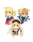  1girl ahoge appleale19 artoria_caster_(fate) artoria_pendragon_(fate) beret black_ribbon blonde_hair blue_ribbon bow braid brown_bow brown_headwear brown_sweater collared_shirt dress fate/grand_order fate_(series) flower green_eyes hair_between_eyes hair_ribbon hat looking_at_viewer multicolored_clothes multicolored_dress necktie open_mouth ribbon shirt smile sweater twintails white_background white_dress white_flower white_shirt 