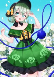  1girl absurdres adapted_costume black_hat blue_sky bow buttons collarbone commentary_request dated day diamond_button eyeball falling_petals floral_print flower flower_request frilled_skirt frills green_eyes green_hair green_skirt hat hat_bow highres koishi_day komeiji_koishi looking_at_viewer petals print_skirt rose_print shirt signature skirt sky smile solo third_eye tilly_ira_10 touhou white_flower white_petals yellow_bow yellow_shirt 