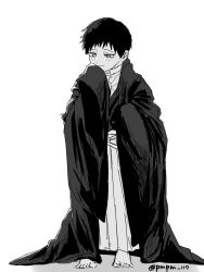  1boy aged_down barefoot black_hair black_kimono blush child hakama hakama_pants highres japanese_clothes jujutsu_kaisen kimono long_sleeves male_focus monochrome oversized_clothes pants pmpm_117 shirt shirt_under_kimono short_hair simple_background smile solo twitter_username white_background zen'in_naoya 