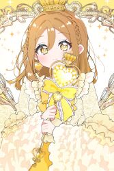  1girl absurdres braid brown_hair closed_mouth commentary_request crown double-parted_bangs dress earrings floating_earrings gem_wand heart heart_earrings heart_wand highres holding holding_wand jewelry kam_tuki kunikida_hanamaru long_hair looking_at_viewer love_live! love_live!_sunshine!! side_braids single_earring smile solo sparkle upper_body wand white_background yellow_crown yellow_dress yellow_eyes 
