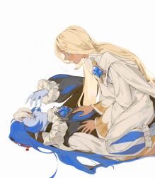  black_hair blonde_hair blood blood_on_face blue_eyes blue_hair blue_skin cape claws colored_skin cookie_run cookie_run:_kingdom dark_skin facial_mark facial_tattoo forehead_mark gem highres hol implied_yaoi long_sleeves looking_at_another lying_on_person multicolored_hair open_mouth parted_lips pointy_ears puffy_collar puffy_long_sleeves puffy_sleeves pure_vanilla_cookie shadow_milk_cookie simple_background surprised tattoo white_background white_hair 