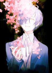  1boy absurdres arm_up black_background blue_hair cherry_blossoms closed_eyes collared_shirt flower gekkoukan_high_school_uniform grin hair_over_one_eye highres jacket lapels long_sleeves male_focus neck_ribbon parted_bangs persona persona_3 pink_flower ribbon sammorstrange school_uniform shirt short_hair smile solo suit_jacket upper_body white_shirt wing_collar yuuki_makoto_(persona_3) 