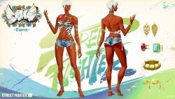  1girl alternate_costume animal_print anklet armlet ass back barefoot barefoot_sandals_(jewelry) bikini blue_eyes blue_shorts bracelet breasts capcom character_name commentary copyright_name copyright_notice cutoffs dark-skinned_female dark_skin denim denim_shorts earrings elena_(street_fighter) english_commentary flower full_body grey_eyes grey_hair highres jewelry leopard_print medium_breasts multiple_views nail_polish navel navel_piercing necklace official_alternate_costume official_alternate_hairstyle official_art piercing red_flower reference_sheet seashell shell short_hair short_shorts shorts street_fighter street_fighter_6 swimsuit takayuki_nakayama tiger_print toe_ring toenail_polish toenails toes white_hair 