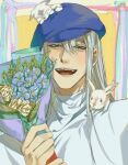  1boy blue_eyes blue_headwear blush bouquet flower grey_eyes hair_between_eyes hat highres holding holding_bouquet hunter_x_hunter kite_(hunter_x_hunter) long_hair looking_at_viewer male_focus money_health rabbit shirt smile solo very_long_hair white_hair white_shirt 