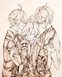  3boys ahoge buttons closed_eyes coat collared_shirt commentary_request cowboy_shot fingernails grimms_notes hair_between_eyes hand_on_another's_head holding_hands jacket jacob_grimm_(grimms_notes) jacob_grimm_(original)_(grimms_notes) ludwig_grimm_(grimms_notes) ludwig_grimm_(original)_(grimms_notes) male_focus monochrome multiple_boys necktie open_clothes open_coat open_mouth pants profile shino_(5no) shirt short_hair smile standing traditional_media vest wilhelm_grimm_(grimms_notes) wilhelm_grimm_(original)_(grimms_notes) 