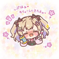  1girl :d ^_^ black_bow blush bow brown_hair can chibi closed_eyes commentary_request cropped_torso facing_viewer fang floral_background hair_bow highres holding holding_can holding_syringe kurumi_noah long_hair long_sleeves mitarashi_neko multicolored_hair nose_blush notice_lines puffy_long_sleeves puffy_sleeves purple_hair smile solo syringe translation_request two-tone_hair two_side_up upper_body virtual_youtuber vspo! 