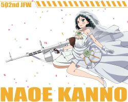  1girl alternate_costume black_eyes black_hair brave_witches bridal_veil commentary_request dress gloves gun high_heels highres holding holding_gun holding_weapon kaneko_(novram58) kanno_naoe open_mouth short_hair simple_background solo type_99_cannon veil weapon wedding_dress white_gloves world_witches_series 