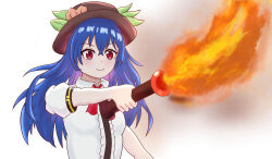  1girl black_hat blue_hair bow bowtie center_frills closed_mouth collared_shirt commentary frilled_shirt frills hat hat_ornament highres hinanawi_tenshi holding holding_torch kennsei66 leaf_hat_ornament long_hair peach_hat_ornament red_bow red_bowtie red_eyes shirt short_sleeves smile solo torch touhou white_shirt 