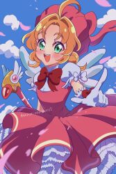 1girl :d absurdres ahoge akechi_anna blue_sky blush bow bowtie cardcaptor_sakura cherry_blossoms clouds cloudy_sky commentary cosplay cowboy_shot curtained_hair day double_bun dress falling_petals frilled_gloves frilled_sleeves frills fuuin_no_tsue glove_bow gloves green_eyes hair_bun hair_intakes hat highres holding holding_wand index_finger_raised kinomoto_sakura kinomoto_sakura_(cosplay) kinomoto_sakura_(magician) looking_at_viewer magical_girl medium_hair meitantei_precure! mepomipoprepre2 mob_cap open_mouth orange_hair outdoors parody parted_bangs petals petticoat pink_dress pink_hat pink_petals precure puffy_short_sleeves puffy_sleeves red_bow red_bowtie short_sleeves sidelocks sky sleeve_bow smile solo teeth thick_eyebrows twitter_username upper_teeth_only wand white_bow white_gloves white_wings wings 
