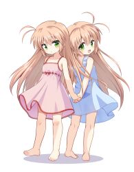  2girls absurdres ahoge barefoot blue_dress commission commissioner_upload dress feet full_body green_eyes hajimete_no_orusuban highres holding_hands kneepits long_hair looking_back mizuki_saori mizuki_shiori mogura2009 multiple_girls open_mouth pink_dress siblings sisters skeb_commission sleeveless sleeveless_dress smile standing sundress toes twins 