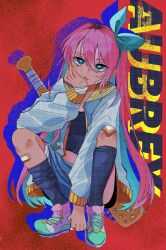  1girl asaoka_born14 aubrey_(faraway)_(omori) aubrey_(omori) bandaid bandaid_on_knee bandaid_on_leg baseball_bat black_socks blue_eyes blue_hairband bow_hairband character_name closed_mouth commentary_request hairband highres kneehighs long_hair looking_at_viewer multicolored_hair nail_(hardware) nail_bat omori pink_hair roots_(hair) shoes sneakers socks solo squatting 