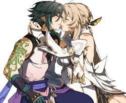  1boy 1girl aqua_hair arm_tattoo bare_shoulders belt black_hair blonde_hair blue_belt blush braid breasts butterfly_hair_ornament chinese_clothes closed_eyes closed_mouth cloud_print cowboy_shot detached_sleeves dress english_commentary fingerless_gloves genshin_impact gloves gold_ring gold_trim hair_between_eyes hair_ornament hand_on_own_face hand_up hetero highres imminent_kiss jewelry juliet_sleeves long_sleeves lumine_(as_heaven_and_earth_are_made_anew)_(genshin_impact) lumine_(genshin_impact) majunjuu mandarin_collar medium_breasts multicolored_hair necklace official_alternate_costume pants pearl_necklace pelvic_curtain pointy_ears puffy_sleeves purple_pants scar scar_on_face scarf shirt short_hair shoulder_spikes sidelocks simple_background single_bare_shoulder single_braid single_detached_sleeve sitting sleeveless sleeveless_dress sleeveless_shirt smile spikes spread_legs tassel tattoo teeth two-tone_hair white_background white_dress white_gloves white_scarf white_shirt white_sleeves wide_sleeves xiao_(genshin_impact) 
