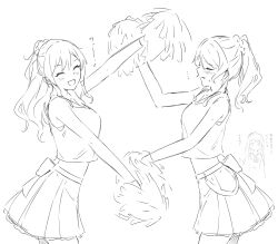  3girls absurdres bang_dream! bang_dream!_girls_band_party! blush cheerleader closed_mouth commentary_request crop_top greyscale hairband highres hikawa_sayo imai_lisa kanade_(kanade_3344) long_hair minato_yukina monochrome multiple_girls open_mouth pleated_skirt pom_pom_(cheerleading) ponytail shirt skirt sleeveless sleeveless_shirt translation_request 